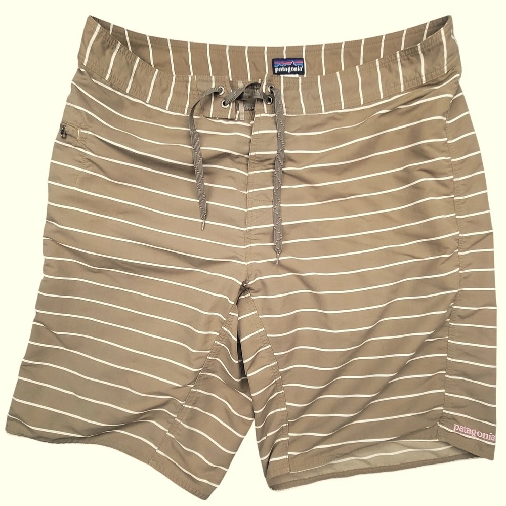 Patagonia Mens 38 Board Shorts Tan White Striped Swim Trunks Nylon Pocket